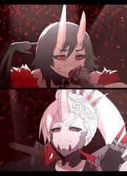  2girls black_hair corruption demon_horns dishwasher1910 fingernails gauntlets grimm highres horns long_fingernails microphone multiple_girls music parody red_eyes ruby_rose rwby singing skeletal_arm weiss_schnee what_if white_hair zombieland_saga 