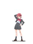  1girl :o bangs black_legwear blush body_blush bow bowtie breast_pocket brown_footwear collared_shirt earrings frown grey_jacket grey_skirt hand_behind_head hand_on_hip highres isurugi_futaba jacket jewelry legs_apart loafers looking_at_viewer miniskirt official_art open_clothes open_jacket open_mouth parted_bangs pink_hair pleated_skirt pocket red_earrings red_neckwear saita_hiroyuki school_uniform seishou_music_academy_uniform shadow shiny shiny_footwear shiny_hair shirt shirt_tucked_in shoes shoujo_kageki_revue_starlight skirt socks solo standing tongue transparent_background violet_eyes white_shirt 