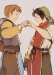  2boys bandanna black_hair brown_hair commentary_request gensou_suikoden gensou_suikoden_i gloves happy looking_at_another maekakekamen male_focus multiple_boys open_mouth pants robe smile tabard ted_(suikoden) tir_mcdohl 