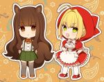  2girls :d ahoge animal_ears apron bangs blonde_hair blush bow breasts brown_eyes brown_footwear brown_hair cleavage dress eyebrows_visible_through_hair fate/extra fate_(series) gloves green_eyes green_skirt grey_legwear hair_between_eyes hair_intakes hands_on_hips hood hood_up karokuchitose kemonomimi_mode kishinami_hakuno_(female) long_hair looking_at_viewer medium_breasts multiple_girls nero_claudius_(fate) nero_claudius_(fate)_(all) open_mouth pantyhose pleated_skirt puffy_short_sleeves puffy_sleeves red_bow red_dress red_footwear shirt shoes short_sleeves sidelocks skirt smile suspender_skirt suspenders tail thigh-highs very_long_hair waist_apron white_apron white_bow white_gloves white_legwear white_shirt 