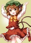  1girl :d animal_ear_fluff animal_ears arms_up bow bowtie brown_eyes brown_hair cat_ears cat_tail chen eyes_visible_through_hair fang frilled_skirt frills hat highres jewelry long_sleeves looking_at_viewer mob_cap multiple_tails open_mouth red_footwear red_skirt red_vest ruu_(tksymkw) shirt shoes simple_background single_earring skirt skirt_set smile solo tail touhou two_tails vest white_shirt yellow_background yellow_neckwear 