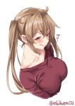  1girl ahoge alternate_costume brown_eyes brown_sweater collarbone ebifurya highres kantai_collection light_brown_hair long_hair murasame_(kantai_collection) simple_background solo sweater tongue tongue_out twintails twitter_username white_background 