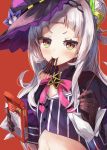  1girl capelet commentary_request crop_top food food_in_mouth gloves hair_bun hair_ornament hat highres hololive konkito long_hair murasaki_shion pocky pocky_day red_background silver_hair simple_background solo star virtual_youtuber witch_hat yellow_eyes 