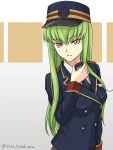  1girl alternate_costume bangs black_neckwear blue_jacket c.c. code_geass eyebrows_visible_through_hair green_hair grin hat highres holding jacket long_hair long_sleeves necktie setu_kurokawa shirt smile solo twitter_username upper_body very_long_hair white_shirt yellow_eyes 