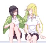  2girls absurdres black_hair blanket blonde_hair blue_eyes blush breasts closed_mouth connie_christensen eyebrows_visible_through_hair hair_between_eyes hand_on_another&#039;s_face hand_on_own_leg hanebado! highres knees_together_feet_apart long_hair looking_at_another medium_breasts multiple_girls one_eye_closed shirt shiwahime_yuika short_hair short_sleeves shorts sitting smile sportswear spotlight_(artist) tennis_uniform very_long_hair violet_eyes white_shirt 