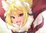 1girl animal_ears blonde_hair fangs fire_emblem fire_emblem_if fox_ears fur_trim highres kinu_(fire_emblem_if) multicolored_hair nakabayashi_zun nintendo open_mouth orange_hair outstretched_arms short_hair simple_background solo spread_arms streaked_hair two-tone_hair white_background yellow_eyes 