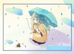  1girl bangs buttons closed_mouth commentary frog green_eyes green_hair green_umbrella hair_between_eyes hair_ornament hairclip highres holding holding_umbrella kantai_collection long_hair parted_bangs rain raincoat shadow sidelocks sitting squatting translation_request umbrella water_drop yamakaze_(kantai_collection) yukichi_(eikichi) 