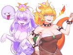 atomel black_collar black_dress blonde_hair boo bowsette bracelet breasts breathing_fire collar covered_navel crown dress earrings eyebrows_visible_through_hair fire frilled_collar frilled_dress frills ghost_pose gloves green_earrings green_eyes hand_up highres horns huge_breasts jewelry large_breasts luigi&#039;s_mansion new_super_mario_bros._u_deluxe nintendo pale_skin pointy_ears princess_king_boo purple_tongue red_eyes sharp_teeth simple_background spiked_armlet spiked_bracelet spiked_collar spiked_shell spikes strapless strapless_dress super_crown super_mario_bros. tail teeth tongue tongue_out turtle_shell upper_body white_background white_dress white_gloves white_hair