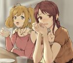  2girls :d ahoge alcohol bangs bare_shoulders blouse blush brown_eyes brown_hair collarbone counter cup glass green_eyes heart heart_necklace highres holding holding_cup ice ice_cube idolmaster idolmaster_cinderella_girls idolmaster_cinderella_girls_starlight_stage jewelry kouzuki_kei light_brown_hair long_hair long_sleeves mifune_miyu multiple_girls nail_polish necklace open_mouth pink_nails plate ponytail satou_shin short_sleeves shoulder_cutout sitting smile swept_bangs tearing_up twintails upper_body wavy_mouth 