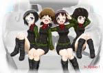  4girls ;d absurdres alina_(girls_und_panzer) arm_around_shoulder bangs black_footwear black_hat black_skirt black_vest boots chestnut_mouth closed_eyes closed_mouth commentary_request cyrillic daxz240r emblem extra girls_und_panzer glasses green_jacket ground_vehicle hat highres jacket knee_boots kv-2 long_sleeves looking_at_viewer military military_uniform military_vehicle miniskirt motor_vehicle multiple_girls nina_(girls_und_panzer) one_eye_closed open_mouth pleated_skirt pravda_military_uniform red_shirt round_eyewear russian salute shadow shirt short_hair sitting skirt smile tank tank_helmet turtleneck two-finger_salute uniform vest 