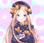  1girl abigail_williams_(fate/grand_order) bangs black_bow black_dress black_hat blonde_hair blue_eyes bow dress fate/grand_order fate_(series) forehead fuji_den_fujiko hair_bow hat long_hair looking_at_viewer open_mouth orange_bow parted_bangs polka_dot polka_dot_bow ribbed_dress sleeves_past_fingers sleeves_past_wrists solo stuffed_animal stuffed_toy teddy_bear 