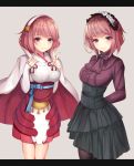  2girls alternate_costume arms_behind_back capelet closed_mouth dress dual_persona elbow_gloves fire_emblem fire_emblem_if gloves grey_background hairband highres japanese_clothes long_sleeves multiple_girls nintendo nurumaru_yu pink_eyes pink_hair sakura_(fire_emblem_if) short_hair simple_background smile v white_gloves white_hairband 