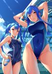  2girls arms_behind_head blue_hair blue_sky blue_swimsuit breasts character_request clouds commentary_request competition_swimsuit copyright_request cowboy_shot day goggles goggles_removed hand_on_hip large_breasts looking_at_viewer multiple_girls one-piece_swimsuit outdoors parted_lips red_eyes rooftop short_hair_with_long_locks sky sugarbeat swim_cap_removed swimsuit twintails 