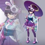  1girl black_hair blue_eyes clover cross-laced_footwear fingerless_gloves floral_print fur_trim gas_mask gloves highres holding holding_umbrella japanese_clothes kath kimono kimono_skirt long_hair looking_at_viewer nijisanji one_eye_closed open_mouth oriental_umbrella ribbon smile tagme thigh-highs tsukino_mito umbrella virtual_youtuber wide_sleeves zettai_ryouiki zoom_layer 