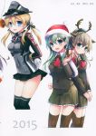  3girls absurdres anchor_hair_ornament animal_ears aqua_eyes arms_behind_back bankoku_ayuya black_ribbon black_skirt blonde_hair blush bound bound_arms box buttons deer_ears doughnut food gift gift_box gloves hair_ornament hat highres holding iron_cross kantai_collection kumano_(kantai_collection) looking_at_viewer low_twintails microskirt military military_hat military_uniform multiple_girls open_mouth peaked_cap pleated_skirt prinz_eugen_(kantai_collection) ribbon santa_hat skirt smile suzuya_(kantai_collection) thigh-highs twintails uniform white_gloves zettai_ryouiki 