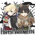  2girls animal_ears bangs bat black_cape blonde_hair blue_eyes blue_ribbon blunt_bangs brown_eyes brown_hair cape claw_pose dougi drinking english eyebrows_visible_through_hair fake_animal_ears fang folded_ponytail green_skirt hair_ornament hakama_skirt halloween halloween_costume hat japanese_clothes kantai_collection long_hair looking_at_viewer multiple_girls paw_pose red_skirt ribbon shin&#039;you_(kantai_collection) skirt taiyou_(kantai_collection) tareme top_hat vampire_costume werewolf wolf_ears yamashiki_(orca_buteo) 