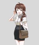  1girl ahoge black_skirt brown_eyes brown_hair ggozira grey_background hair_over_shoulder highres office_lady original pencil_skirt ponytail short_sleeves sketch skirt solo standing watch watch 