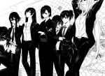 6+girls alpha.e aragaki_nagisa arms_behind_head ball black_hair business_suit character_request chikage_yamoto cigarette closed_mouth collarbone connie_christensen crossed_arms crossed_fingers formal glasses hair_between_eyes hand_on_neck hand_to_own_mouth hanebado! hanesaki_ayano hanesaki_uchika highres jacket japanese_clothes kimono leaning_on_object long_hair looking_at_viewer monochrome multiple_girls necktie pants shirt shiwahime_yuika short_hair sidelocks sitting standing suit sword tennis_ball weapon 