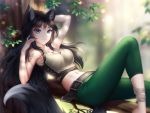  1girl animal_ears belt black_hair blue_eyes breasts commentary crop_top crystal_(gigamessy) dappled_sunlight day english_commentary gigamessy green_pants in_tree jewelry long_hair medium_breasts midriff multiple_belts navel necklace original pants reclining shoulder_tattoo solo sunlight tail tattoo toned tree wolf_ears wolf_tail 