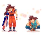 1boy 2girls age_progression arms_around_neck bare_arms black_eyes black_hair boots cheek_kiss chi-chi_(dragon_ball) chinese_clothes closed_eyes couple dougi dragon_ball dragon_ball_(classic) dragonball_z expressionless full_body gradient gradient_background grandfather_and_granddaughter grandmother_and_granddaughter happy hetero kiss kneeling long_hair looking_at_another multiple_girls pan_(dragon_ball) ponytail profile shadow short_hair simple_background smile son_gokuu spiky_hair standing tiptoes toratorashippo white_background wristband 