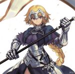  1girl armor armored_dress banner black_capelet blonde_hair braid breasts capelet chains closed_mouth dress eyebrows_visible_through_hair fate/apocrypha fate_(series) flag gauntlets headpiece holding jeanne_d&#039;arc_(fate) jeanne_d&#039;arc_(fate)_(all) long_hair medium_breasts ohil_(ohil822) purple_dress single_braid solo sword very_long_hair violet_eyes weapon 