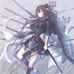  1girl apron arrow black_shirt bow_(weapon) brown_eyes brown_hair brown_hakama cannon feet_out_of_frame flight_deck hair_ribbon hakama headband highres holding holding_arrow holding_bow_(weapon) holding_weapon ise_(kantai_collection) japanese_clothes kantai_collection kneehighs machinery ponytail quiver remodel_(kantai_collection) ribbon shirt short_hair solo standing turret undershirt weapon white_headband yomi_(yomi14_pyaon) 