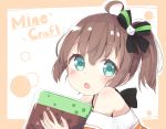  1girl ahoge blush brown_hair commentary_request cube hair_ribbon holding hololive looking_at_viewer minecraft natsuiro_matsuri okota_mikan open_mouth portrait ribbon short_hair side_ponytail solo 