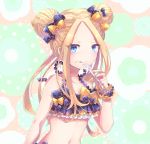 1girl abigail_williams_(fate/grand_order) alternate_hairstyle bangs bare_shoulders bikini black_bikini black_bow black_hat blonde_hair blue_eyes blush bow breasts closed_mouth collarbone double_bun emerald_float fate/grand_order fate_(series) forehead fork frilled_bikini frills fuji_den_fujiko hair_bow hat licking_lips long_hair looking_at_viewer navel orange_bow parted_bangs polka_dot polka_dot_bow scrunchie small_breasts solo swimsuit tongue tongue_out waist wrist_scrunchie 