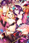  2girls :d \m/ absurdres aerial_fireworks ass black_gloves blonde_hair blurry blurry_background blush breasts brown_eyes brown_legwear creature crop_top depth_of_field dudou elbow_gloves facial_mark fangs fate/grand_order fate_(series) fingerless_gloves fingernails fireworks forehead_mark gloves halloween hamada_pochiwo headpiece heart highres horns huge_filesize ibaraki_douji_(fate/grand_order) jack-o&#039;-lantern lace lace-trimmed_thighhighs long_hair micro_shorts midriff multiple_girls navel oni oni_horns open_mouth purple_hair purple_legwear shorts shuten_douji_(fate/grand_order) shuten_douji_(halloween)_(fate) sidelocks small_breasts smile spikes stirrup_legwear thigh-highs toeless_legwear twintails very_long_hair violet_eyes white_shorts 
