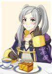  1girl brown_eyes cake cup cute female_my_unit_(fire_emblem:_kakusei) fire_emblem fire_emblem:_kakusei gloves ice_cream long_hair miven my_unit_(fire_emblem:_kakusei) nintendo parted_lips pie robin solo tagme tea twintails white_hair 