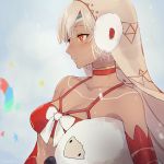  1girl altera_(fate) altera_the_santa animal bangs bare_shoulders blunt_bangs breasts cleavage closed_mouth collarbone dark_skin detached_sleeves earmuffs fate/grand_order fate_(series) headdress konno_shimako red_eyes short_hair solo tattoo veil white_hair 