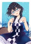  1girl :d bangs bare_arms bare_shoulders black_hair blue-framed_eyewear blue_bow blue_dress blue_eyes blue_ribbon blush bow breasts checkered dress eyebrows_visible_through_hair glasses hair_between_eyes hands_up head_tilt instrument koto_(instrument) long_hair miyabi_akino nadeshiko_doremisora open_mouth ribbon semi-rimless_eyewear sleeveless sleeveless_dress small_breasts smile solo togawa_kano under-rim_eyewear 