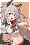  1girl absurdres animal_ears azur_lane bangs commentary_request devil-dantake eyebrows_visible_through_hair fang fingerless_gloves gloves grey_hair hand_on_own_face highres long_hair looking_at_viewer midriff navel open_mouth pleated_skirt red_eyes school_uniform serafuku skirt smile solo tail tattoo two_side_up yuudachi_(azur_lane) 