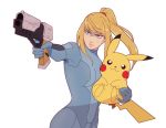  1girl 1other blonde_hair blue_bodysuit blue_eyes bodysuit company_connection cowboy_shot creatures_(company) crossover game_freak gen_1_pokemon gun high_ponytail metroid mushisotisis nintendo pikachu pokemon pokemon_(creature) ponytail power_suit samus_aran simple_background skin_tight weapon white_background zero_suit 