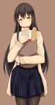  1girl akagi_(kantai_collection) alternate_costume bag baguette black_legwear black_skirt blush bread brown_background brown_hair cowboy_shot crepe eating food highres holding holding_bag holding_food kantai_collection long_hair long_sleeves looking_at_viewer pantyhose shopping_bag simple_background skirt smile solo sweater tadano_shinmai_teitoku tomato white_sweater 