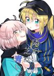  2girls ahoge artoria_pendragon_(all) baseball_cap black_bow black_hat black_scarf blonde_hair blue_scarf blush bow commentary_request cover cover_page fate/grand_order fate_(series) hair_bow hand_holding haori hat interlocked_fingers japanese_clothes koha-ace looking_at_another mikaze multiple_girls mysterious_heroine_x okita_souji_(fate) okita_souji_(fate)_(all) open_mouth scarf sweat translated white_background yuri 