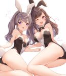  2girls ;d animal_ears artist_name ass bangs bare_shoulders barefoot black_neckwear blush bow bowtie breasts brown_hair bunny_girl bunny_tail bunnysuit cleavage collarbone commentary_request detached_collar eyebrows eyebrows_visible_through_hair feet grey_hair highres idolmaster idolmaster_shiny_colors large_breasts leotard long_hair looking_at_viewer lying medium_breasts multiple_girls necktie on_side one_eye_closed open_mouth ponytail rabbit_ears red_eyes shiratama_akane sidelocks simple_background smile swept_bangs tail thighs tsukioka_kogane violet_eyes white_background yuukoku_kiriko 