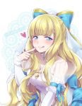  1girl :q blonde_hair blue_eyes blush bow bride charlotte_(fire_emblem_if) dress fire_emblem fire_emblem_heroes fire_emblem_if hair_bow hiyori_(rindou66) long_hair nintendo solo tongue tongue_out twitter_username upper_body white_dress 