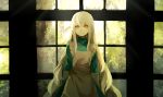  apron arms_behind_back backlighting blonde_hair dress indoors kagerou_project kozakura_marry lemontea long_hair looking_at_viewer pale_skin red_eyes sidelocks sunlight tree window 