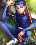  1boy 2017 blue_bodysuit blue_hair bodysuit character_name fate/stay_night fate_(series) gae_bolg hair_over_shoulder horse lancer long_hair male_focus misoiri_(gokutsubushi) petting ponytail shoulder_armor solo spaulders 