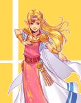 1girl blonde_hair blue_eyes dress earrings gown jewelry long_hair looking_at_viewer mella nintendo pointy_ears princess_zelda smile solo super_smash_bros. super_smash_bros._ultimate the_legend_of_zelda the_legend_of_zelda:_a_link_between_worlds tiara triforce wind