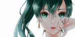  1girl close-up earrings face fire_emblem fire_emblem:_rekka_no_ken green_eyes green_hair green_nails hand_on_own_face jewelry lips long_hair lyndis_(fire_emblem) nail_polish nintendo nuts0415 open_mouth ponytail simple_background solo white_background 