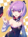 1girl :d bangs black_bow black_dress blunt_bangs bow breasts choker cleavage collarbone detached_sleeves dress en@rain eyebrows_visible_through_hair fate/grand_order fate_(series) hair_bow helena_blavatsky_(fate/grand_order) highres index_finger_raised long_sleeves neck_ribbon open_mouth purple_hair red_eyes ribbon shiny shiny_hair short_dress short_hair sleeveless sleeveless_dress small_breasts smile solo standing strapless strapless_dress upper_body white_ribbon white_sleeves 