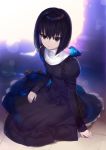  1girl animal animal_on_shoulder bangs bird_on_shoulder black_dress black_eyes black_hair dress full_body hair_between_eyes highres kuonji_alice long_dress long_sleeves looking_at_viewer mahou_tsukai_no_yoru nun shiny shiny_hair shirabi short_hair sitting solo 