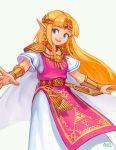  1girl :d blonde_hair blue_eyes bracer circlet dress earrings gem hair_intakes jewelry long_hair necklace nintendo ohil_(ohil822) open_mouth pointy_ears princess_zelda short_sleeves shoulder_pads simple_background smile solo straight_hair tabard the_legend_of_zelda the_legend_of_zelda:_a_link_between_worlds triforce white_background white_dress 