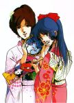  2girls 80s blue_eyes blue_hair brown_hair floral_print flower hair_flower hair_ornament hand_to_own_mouth hayase_misa highres holding japanese_clothes kimono long_hair long_sleeves looking_at_viewer lynn_minmay macross mikimoto_haruhiko multiple_girls official_art oldschool ponytail scan simple_background updo white_background 