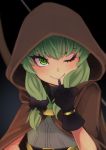  atatatamu black_bow black_gloves blush bow bow_(weapon) cloak crossbow elf eyelashes gloves goblin_slayer! green_eyes green_hair hair_bow high_elf_archer_(goblin_slayer!) hood hooded_cloak looking_at_viewer pointy_ears smile weapon 