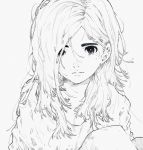  1girl closed_mouth daruma_owl greyscale hair_over_one_eye highres long_hair looking_at_viewer monochrome original simple_background solo white_background 