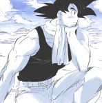  1boy bare_arms bare_shoulders belt black_eyes black_hair black_shirt chin_rest clouds cloudy_sky dragon_ball dragonball_z elbow_rest expressionless hand_rest kuuta_(extra414) looking_away male_focus monochrome outdoors outstretched_arm pants profile scarf shaded_face shirt short_hair sky sleeveless sleeveless_shirt son_gokuu spiky_hair upper_body 