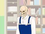  ainz_ooal_gown apron blue_apron bookshelf gaikotsu_shotenin_honda-san highres honda-san imaani indoors long_sleeves overlord overlord_(maruyama) shirt skeleton uniform upper_body white_shirt 